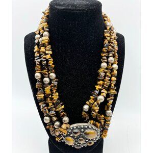 Sterling Silver 3-Strand Genuine Gemstone Tigers Eye Necklace-Vintage